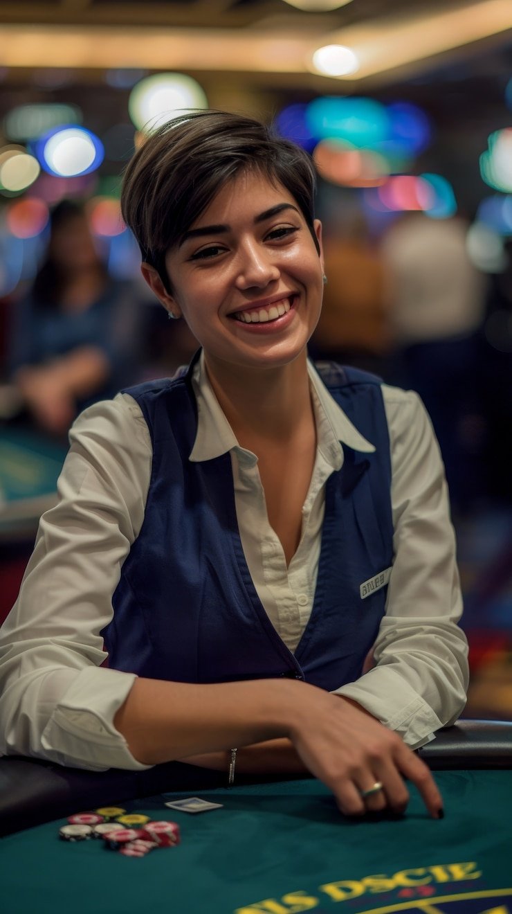 Tampilan dealer langsung American Roulette di studio darkfall dengan roda profesional